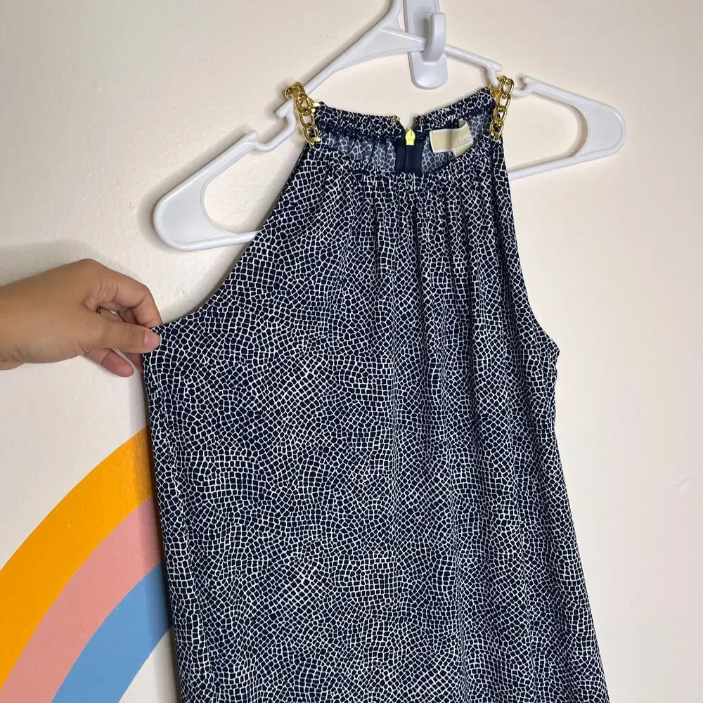 Michael Kors Midi Dress‎ Blue White Sleeveless Gold Chain Shift Womens XS